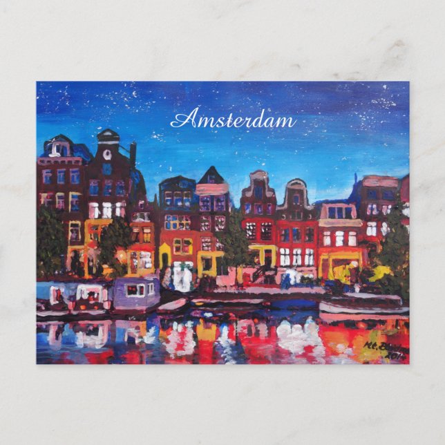 Amsterdam Skyline With Canal At Night Postcard (Front)