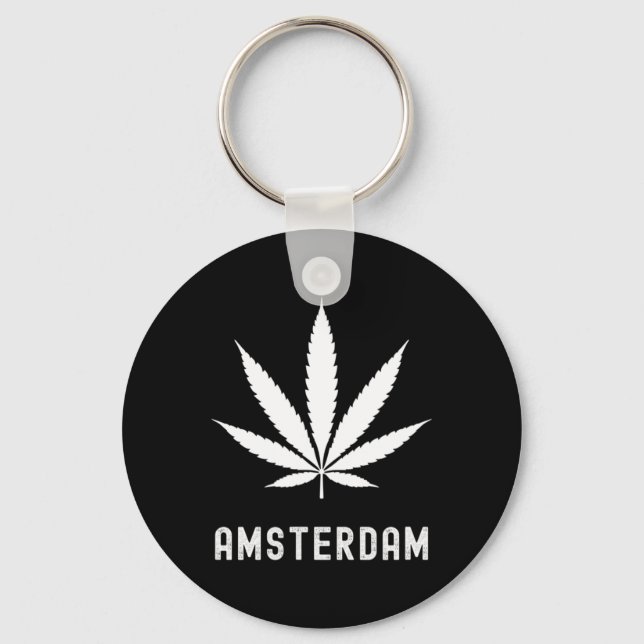 Amsterdam Stoner Pot Leaf Travel Vacation  Keychain (Front)
