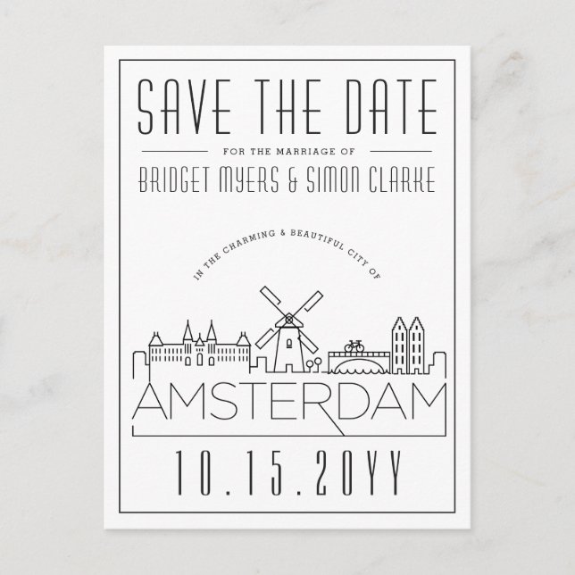 Amsterdam | Stylized Skyline Save the Date Postcard (Front)