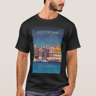 Amsterdam The Netherlands Travel Poster at Night   T-Shirt