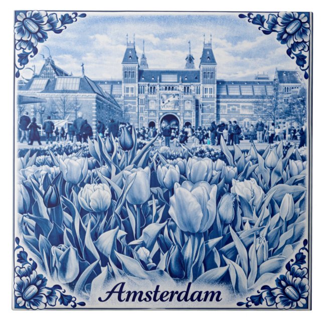 Amsterdam tulips Delft Blue style tile (Front)