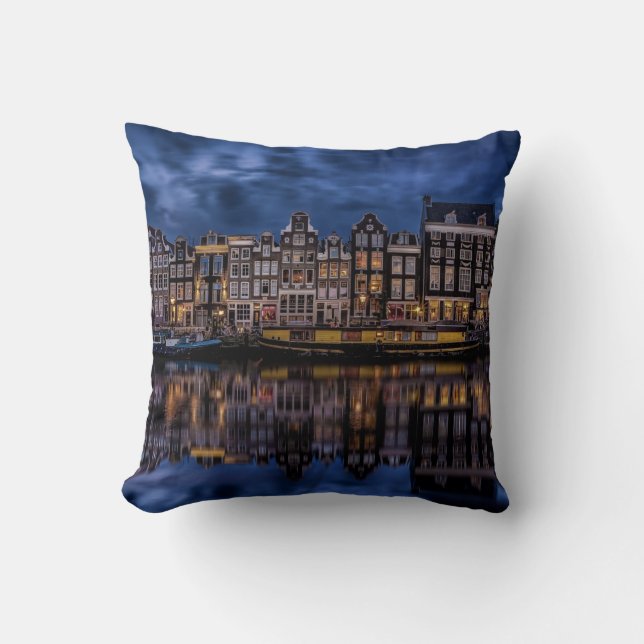 Amsterdam with Canals at Dusk Throw Pillow (Front)