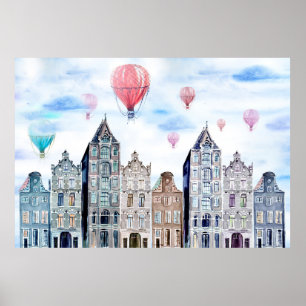 Amsterdam with hot air balloon poster