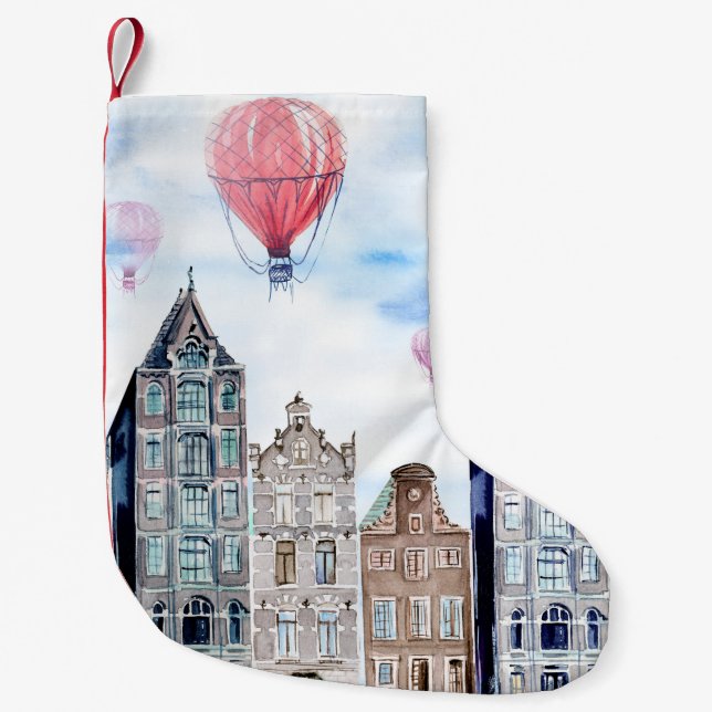 Amsterdam with hot air balloon small christmas stocking (Front)