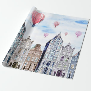 Amsterdam with hot air balloon wrapping paper