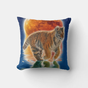 Amur Tiger Cub & Moon Wildlife Fantasy Art Throw Pillow