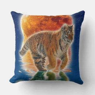 Amur Tiger Cub & Moon Wildlife Fantasy Art Throw Pillow