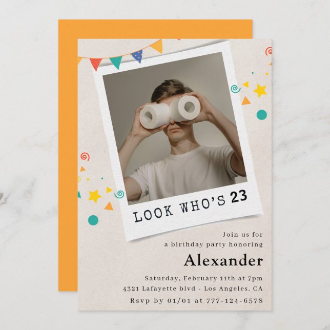 Amusant 23e anniversaire invitations Hommes Fun Ph (Devant / Derrière)