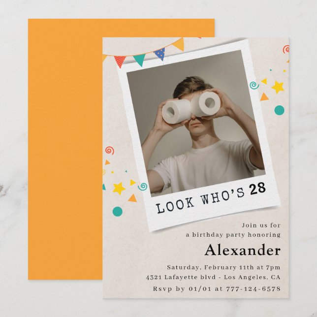 Amusant 28e anniversaire invitations Hommes Fun Ph (Devant / Derrière)