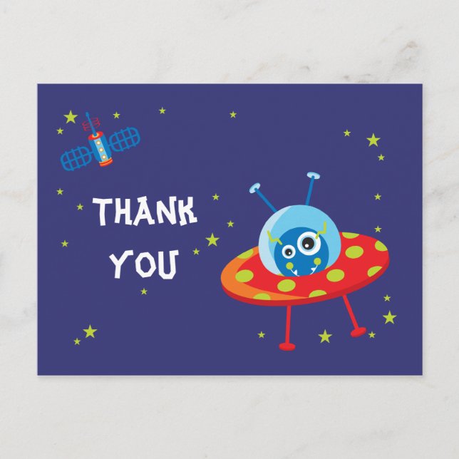 Amusant alien ufvaisseau garçons merci carte posta (Devant)