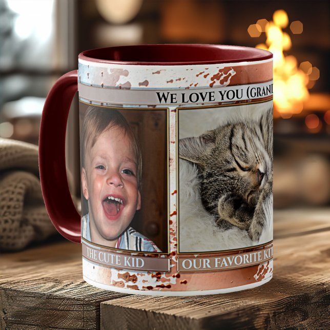 Amusant Artiste Bleu Brown Cute Photo Mug (Funny photo mug featuring 3 photos of your favorite family members framed by an artistic design)