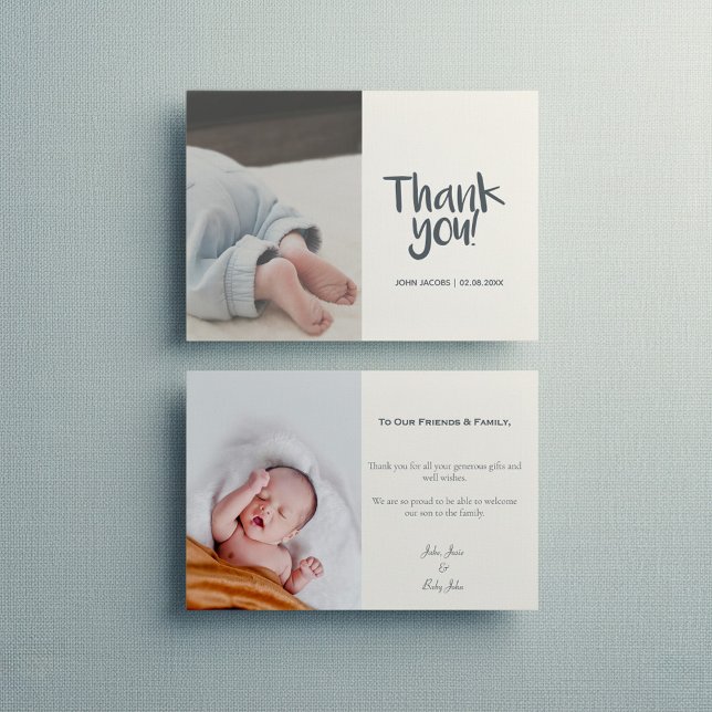 Amusant, votre photo, garçon, carte de remerciemen (Fun, your photo, boy, baby shower thank you card with message and 2 photos.)