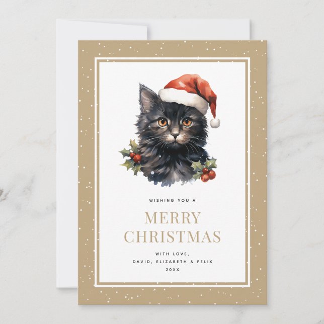 Amusante Aquarelle Noire Chat Joyeux Carte de Noël (Devant)