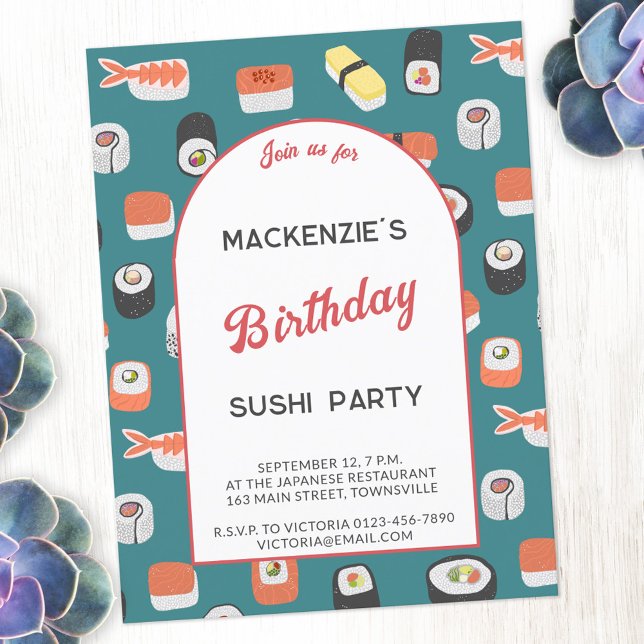 Amusants Sushi Anniversaire Fête Invitation (Fun Japanese sushi food art themed birthday party invitation  postcard with personalized custom text)
