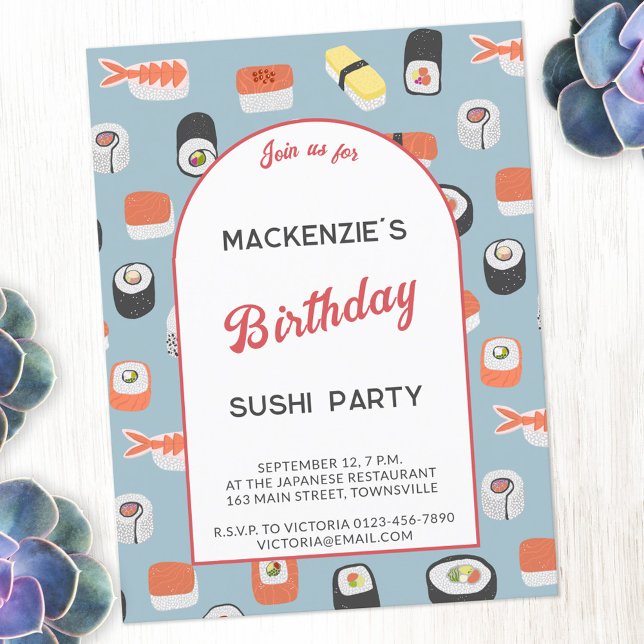Amusants Sushi Anniversaire Fête Invitation (Fun Japanese sushi food art themed birthday party invitation with personalized custom text)