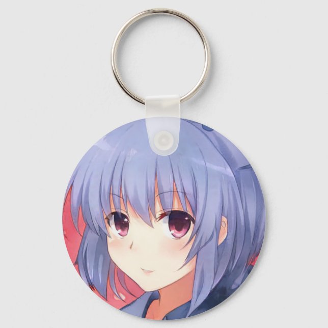 Amused anime girl lavender hair plum eyes manga keychain (Front)