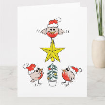 Amusing Christmas Card - robins dressing xmas tree