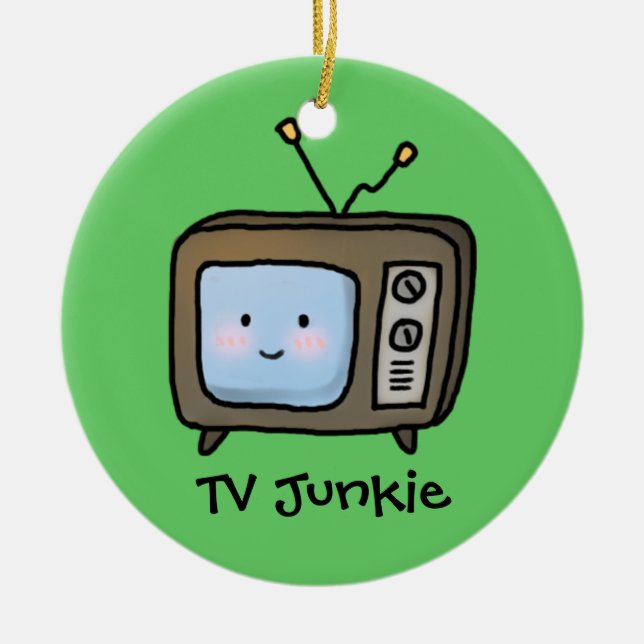 Amusing Cute Retro TV Junkie Doodle Ceramic Ornament (Front)
