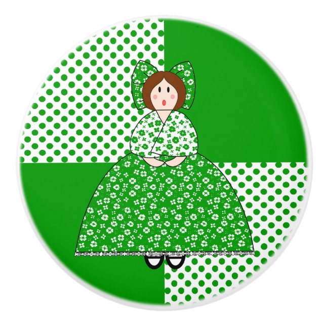 Amy Doll With Green Polka Dot Background Ceramic Knob (Front)