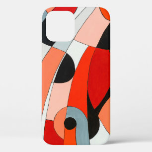 An abstract painting of curved black, white and re iPhone 12 case