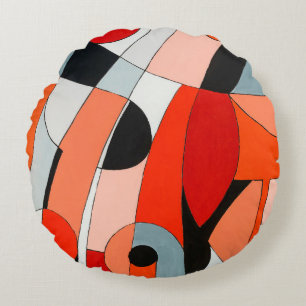 An abstract painting of curved black, white and re round pillow