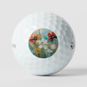 An abstract painting with wild flowers golf balls