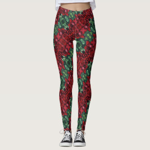 An abstract tiled rose floral in reds & greens leggings