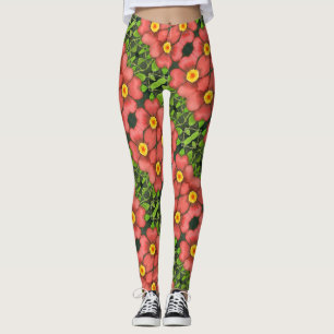 An abstract tiled wild rose floral in pink, yellow leggings