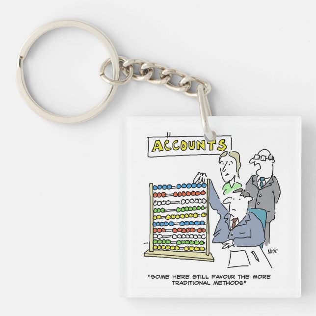 An Accountant Using an Abacus at Work. Funny Keychain (Front)