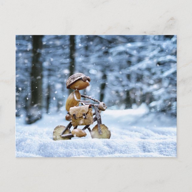 An acorn elf is biking to work in winter postcard (Front)