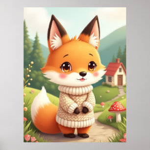 An adorable and cute fox character  poster