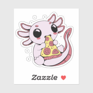An adorable axolotl eating pizza