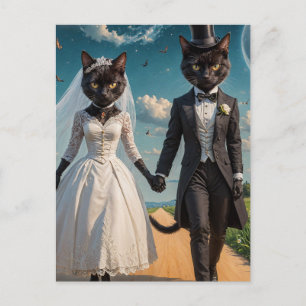 An Adorable Black Cat Couple Wedding Day in Park Postcard