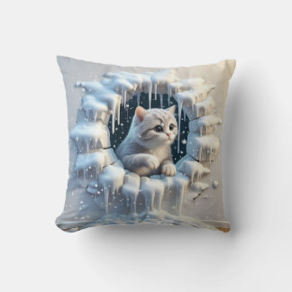 An Adorable Cat in a Snowy Hideaway Throw Pillow