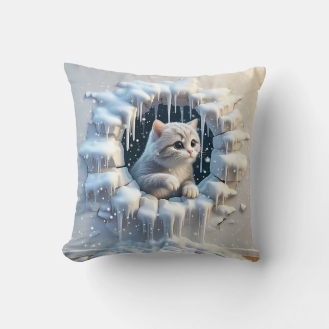 An Adorable Cat in a Snowy Hideaway Throw Pillow (Front)