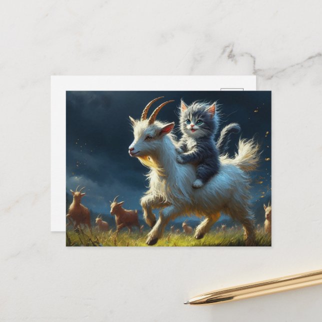 An adorable cat riding a goat postcard (Front/Back In Situ)