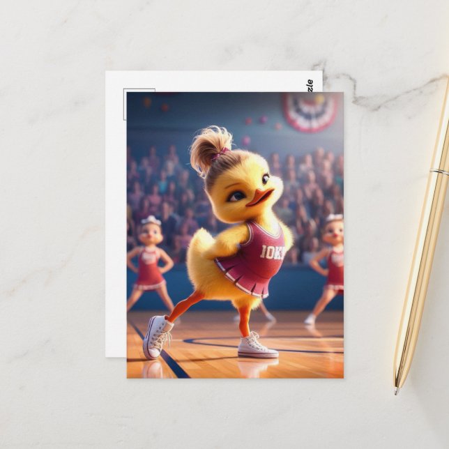 An adorable cheerleader duck postcard (Front/Back In Situ)