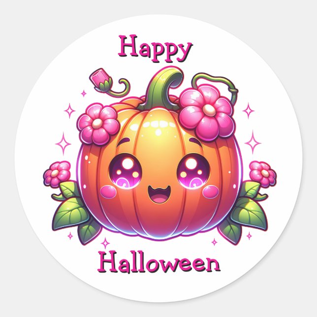 An Adorable Chibi Pumpkin | Happy Halloween Classic Round Sticker (Front)