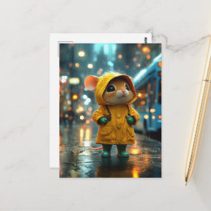 An Adorable Mouse in a Yellow Rainsuit in the City Postcard