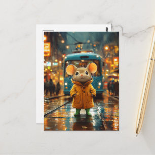 An Adorable Mouse in a Yellow Rainsuit Trolly Postcard