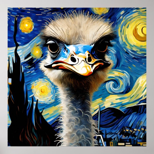 an adorable ostrich in a starry night  postcard poster (Front)