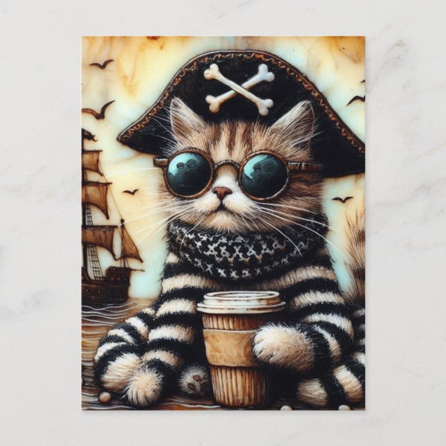An Adorable Pirate Cat With A Coffee Encaustic Postcard (Front)