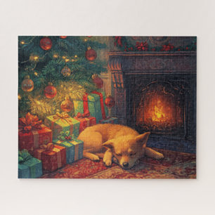 An adorable puppy sleeping by a lit fireplace jigsaw puzzle