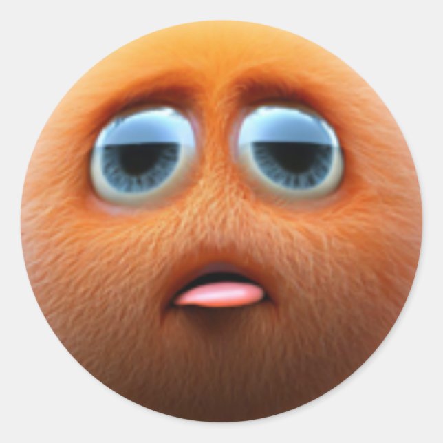 An adorable sad fuzzy orange ball character classic round sticker (Front)