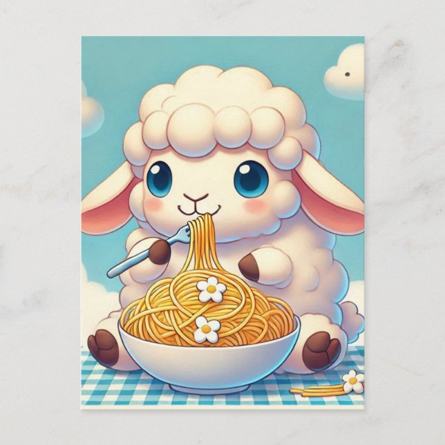 An adorable sheep eating spaghetti postcard (Front)