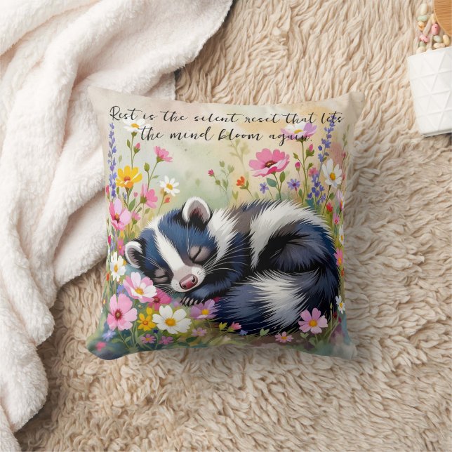 An Adorable Skunk Napping in Flowers and Quote Throw Pillow (Blanket)