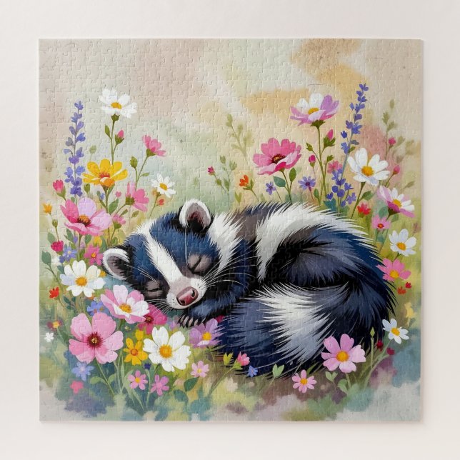 An Adorable Skunk Napping in Flowers Jigsaw Puzzle (Vertical)