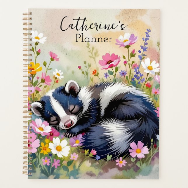 An Adorable Skunk Napping in Flowers Personalized Planner (Front)