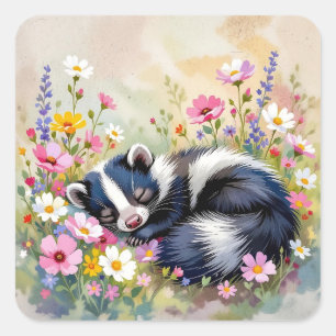 An Adorable Skunk Napping in Flowers Square Sticker
