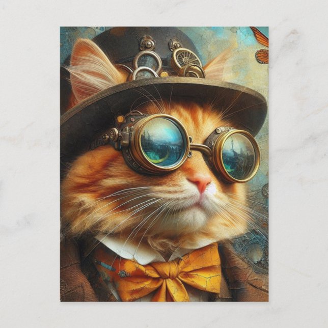 an adorable steampunk ginger cat postcard (Front)